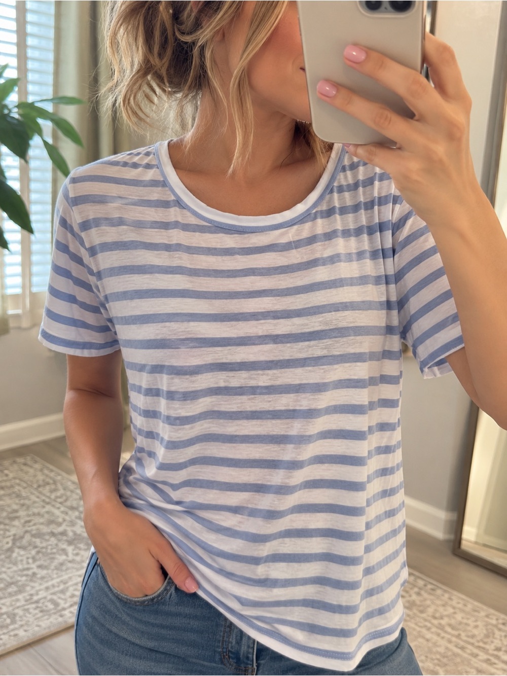 Green Envelope Size L Blue White Striped Relaxed Top Made in USA